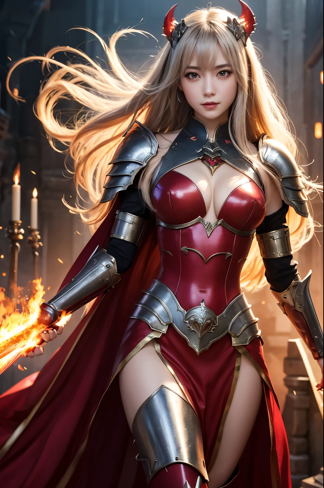 8K、赤いFlame-themed chest armor,A bewitching succubus in gorgeous red armor.,so beautiful(Like the real thing)、A long skirt with a luxurious red flame motif.,An Al-Afed woman poses for a photo with a sword and armour、Beautiful wavy silver hair、Big and ample breasts、Flame-themed chest armor(red and silver)2。5d cgi anime Fantasy artwork、Fan Art Mayor Art Station、デジタルFantasy art)、Big blow Loss Draw、Woman in armor、壮大なFantasy artスタイル、Beautiful Succubus、Charm、Beautiful fangs、Looking at the audience、Captivating Gaze、Laughter、masterpiece,masterpiece,Photorealistic RAW photos of the highest quality。Bright colors,Rich colors, Backlight, Cinema Lighting, Film Grain, to be born, 50mm lens, Nikon D850,Realistic Skin,Fantasy art,Character Art,Ultra-high resolution,Realistic scale skins,Goddess of Evil,