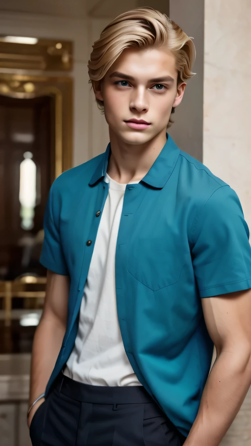 Portrait of young man, handsome, demigod, young Greek god, Greek model, photo shoot, model pose, baronial pose, European facial features, beautiful facial features, symmetry, perfect body, perfect skin, extremely pale skin, short-sleeved shirt , bourgeois, dress pants, green eyes, blonde hair, wealth, perfection, luxury, opulence, clarity, reality, film grain, best quality, photo shoot, euroboy, 1boy, alone, realistic