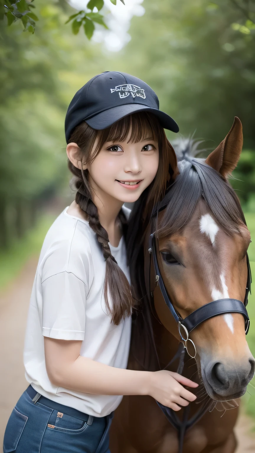 Best picture quality (8K, high resolution, Masterpiece: 1.2), super detailed, 215 Short Hair,Three braids long hair, 16-year-old woman,
situation: A 16-year-old girl is taking a horse riding training stroll in nature.。
detailed:
angle: Green natural scenery and blue sky in the background、A shot of a girl riding a horse。
clothing: Light riding clothing、Wearing a cap。
atmosphere: The silence and beauty of vast nature、A path stretching through the greenery。Wind is wood々Rock。
action: The girl slowly rides her horse、Enjoy the surrounding scenery。sometimes、Gently pat the horse's neck to show affection。
Active Pause ,
Beside her、The thunder danced。
Close up shot of face
, random cute pose ,big eyes ,Puffy eyes , Heart Pupil, blush , huge shy smile , salute