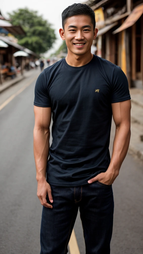 Thai man ,man,He is about 30 years old..,Rough and handsome appearance,large breastsj,Big waistline,buzz cut, angry, sullen, best quality, Masterpiece,(Have muscles:4.5),(best quality,high resolution,Masterpiece:1.2),The eyes are natural and delicate..,1 person,alone,gay asian,muscle,Long legs,brave,short hair details,conjunctivitis ,strong,brown eyes, (outdoor background road :1.5),in the market,sit (dark blue t-shirt:1.3),Jeans ,smile