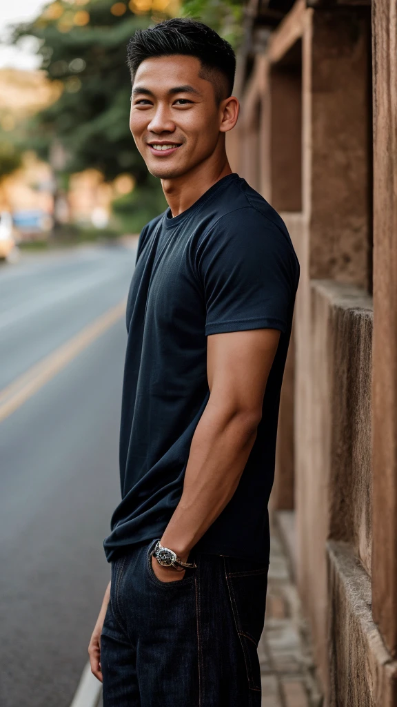 Thai man ,man,He is about 30 years old..,Rough and handsome appearance,large breastsj,Big waistline,buzz cut, angry, sullen, best quality, Masterpiece,(Have muscles:4.5),(best quality,high resolution,Masterpiece:1.2),The eyes are natural and delicate..,1 person,alone,gay asian,muscle,Long legs,brave,short hair details,conjunctivitis ,strong,brown eyes, (outdoor background road :1.5),in the market,sit (dark blue t-shirt:1.3),Jeans ,smile