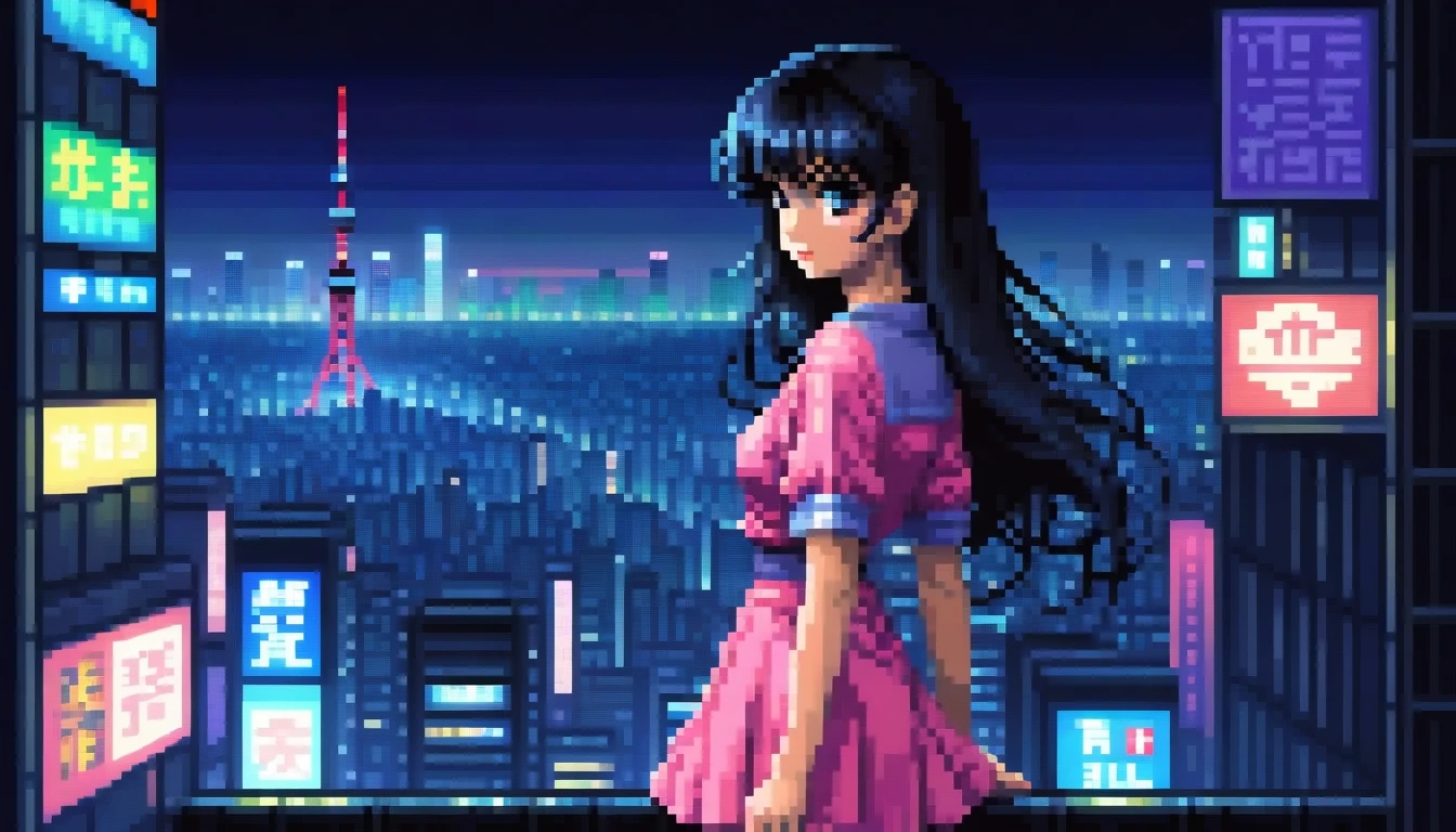 pixel, 16-bit Style, pixel art, Nintendo game scene, Cool colors, green,Tokyo at night in the background, Skyscraper, Skyline, Modern, Colorful lights, Tokyo Night, dark, A girl in the foreground, whole body, Woman with long black hair and bangs, dark eyes, depth of image　８０Decade Style　Clothes that reveal cleavage　Cool look　Pink clothes