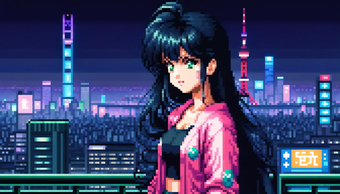 pixel, 16-bit Style, pixel art, Nintendo game scene, Cool colors, green,Tokyo at night in the background, Skyscraper, Skyline, Modern, Colorful lights, Tokyo Night, dark, A girl in the foreground, whole body, Woman with long black hair and bangs, dark eyes, depth of image　８０Decade Style　Clothes that reveal cleavage　Cool look　Pink clothes