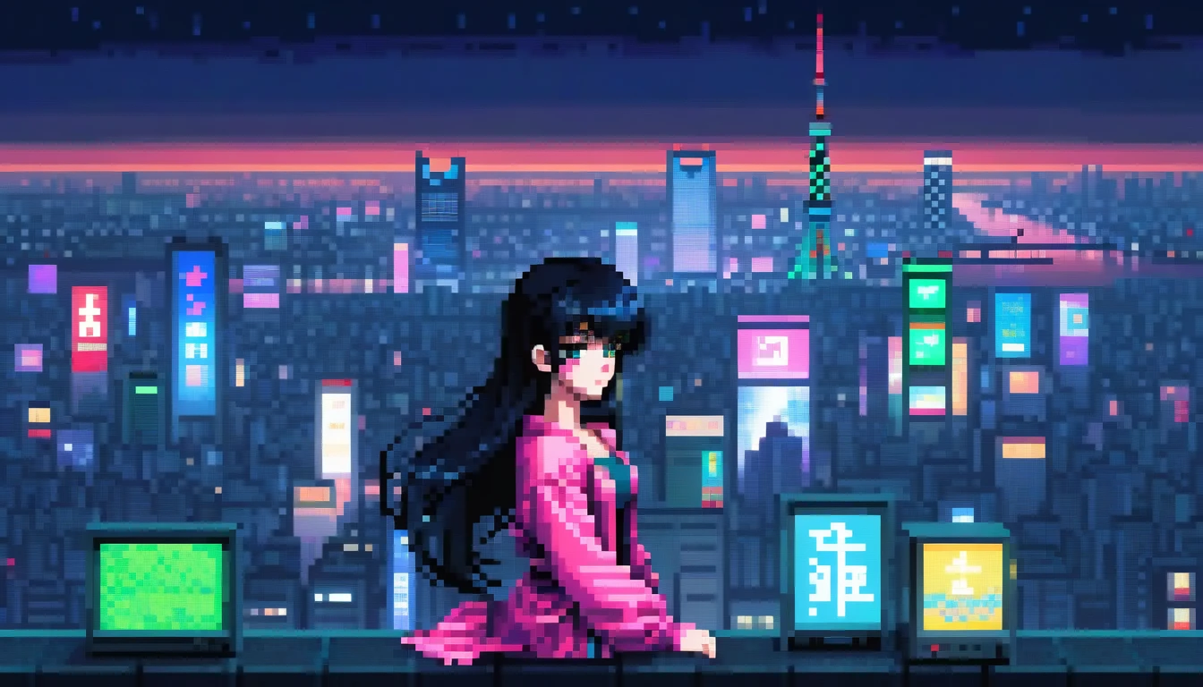 pixel, 16-bit Style, pixel art, Nintendo game scene, Cool colors, green,Tokyo at night in the background, Skyscraper, Skyline, Modern, Colorful lights, Tokyo Night, dark, A girl in the foreground, whole body, Woman with long black hair and bangs, dark eyes, depth of image　８０Decade Style　Clothes that reveal cleavage　Cool look　Pink clothes