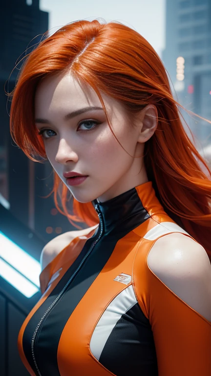 A beautiful woman with porcelain skin and fiery orange hair wears a sleek, high-tech jumpsuit in a mesmerizing fusion of light gray and burnt orange hues, evoking a futuristic cyberpunk manga aesthetic. Loosely brushed paint strokes and kinetic lines energize the composition, while intricate mechanical designs and neon accents embellish the suit, immersing the viewer in a world of high-tech noir. Up close, her charming, expressive features and captivating gaze draw us in, set against a backdrop of soft, gradient blues and misty purples that evoke a sense of mystery and allure.
