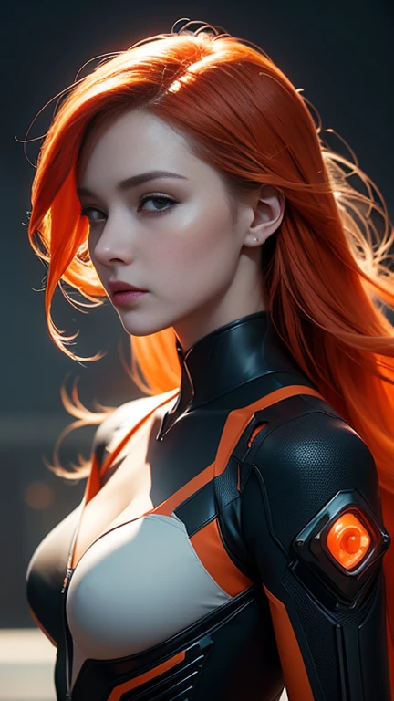 A beautiful woman with porcelain skin and fiery orange hair wears a sleek, high-tech jumpsuit in a mesmerizing fusion of light gray and burnt orange hues, evoking a futuristic cyberpunk manga aesthetic. Loosely brushed paint strokes and kinetic lines energize the composition, while intricate mechanical designs and neon accents embellish the suit, immersing the viewer in a world of high-tech noir. Up close, her charming, expressive features and captivating gaze draw us in, set against a backdrop of soft, gradient blues and misty purples that evoke a sense of mystery and allure.