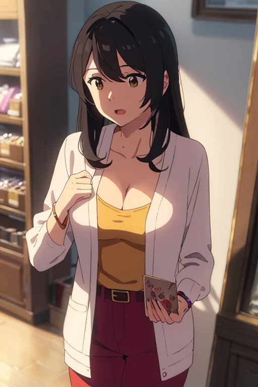 Shinkai Makoto, Kimino Nawa., 1 Girl, bangs, Black Hair, Brown eyes, open mouth :morality, Twist half, Red belt, Long hair, Long-sleeved light yellow cardigan, Open shirt, shirt, cleveage, Chest, (((Cleavage))))medium Chest, Orange shirt, Name tag writing "Miyamizu LUMINE", Looking at the audience, indoors, Jewelry products, Jewelry Shop, Jewelry Salesperson, indoors, shopping center, masterpiece, Perfect anatomical structure, Cowboy shooting, View (View boy's hands holding girl's chest View)