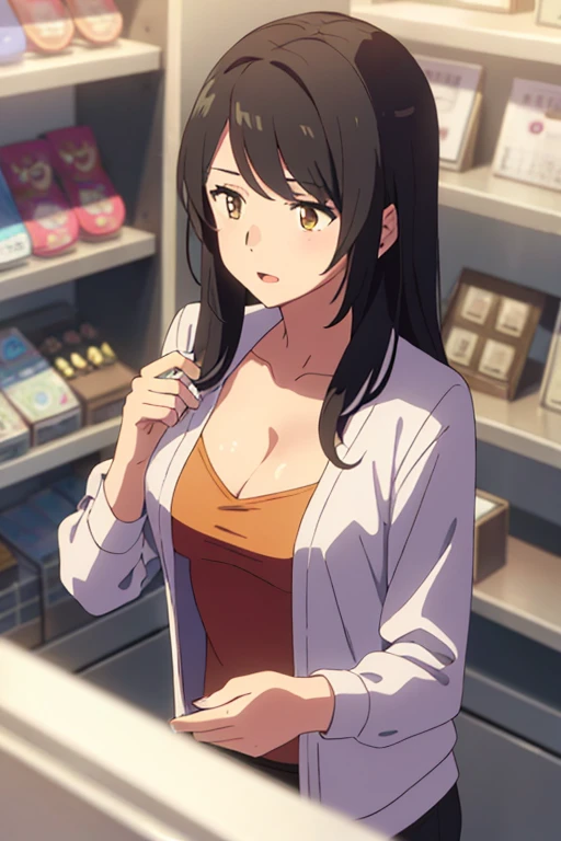 Shinkai Makoto, Kimino Nawa., 1 Girl, bangs, Black Hair, Brown eyes, open mouth :morality, Twist half, Red belt, Long hair, Long-sleeved light yellow cardigan, Open shirt, shirt, cleveage, Chest, (((Cleavage))))medium Chest, Orange shirt, Name tag writing "Miyamizu LUMINE", Looking at the audience, indoors, Jewelry products, Jewelry Shop, Jewelry Salesperson, indoors, shopping center, masterpiece, Perfect anatomical structure, Cowboy shooting, View (View boy's hands holding girl's chest View)