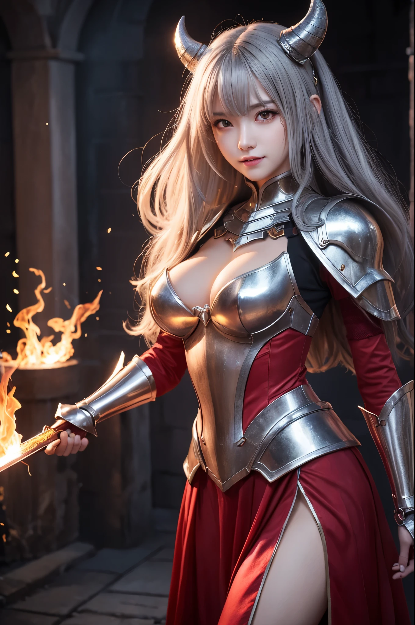 8K、赤いFlame-themed chest armor,A bewitching succubus in gorgeous red armor.,so beautiful(Like the real thing)、A long skirt with a luxurious red flame motif.,An Al-Afed woman poses for a photo with a sword and armour、Beautiful wavy silver hair、Big and ample breasts、Flame-themed chest armor(red and silver)2。5d cgi anime Fantasy artwork、Fan Art Mayor Art Station、デジタルFantasy art)、Big blow Loss Draw、Woman in armor、壮大なFantasy artスタイル、Beautiful Succubus、Charm、Beautiful fangs、Looking at the audience、Captivating Gaze、Laughter、masterpiece,masterpiece,Photorealistic RAW photos of the highest quality。Bright colors,Rich colors, Backlight, Cinema Lighting, Film Grain, to be born, 50mm lens, Nikon D850,Realistic Skin,Fantasy art,Character Art,Ultra-high resolution,Realistic scale skins,Goddess of Evil,Muscular Beauty,