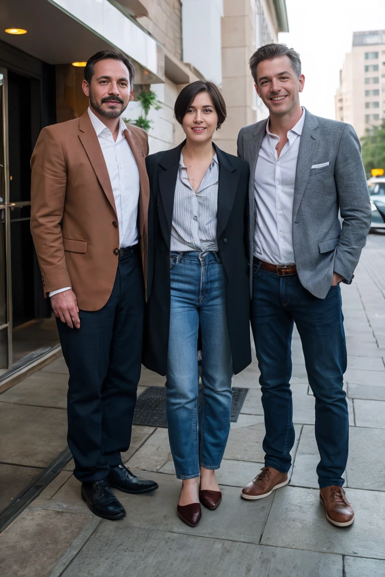 Realistic photo of handsome men and tomboy short hair , standing in front of hotel garden