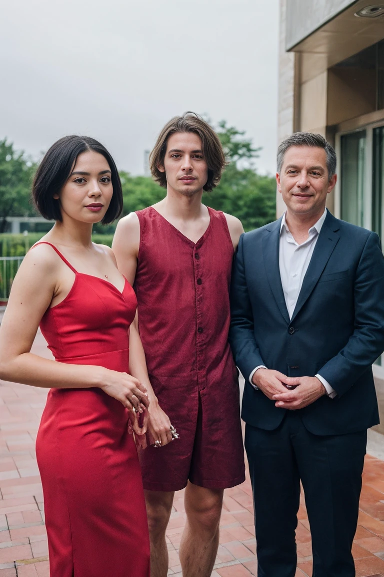 Realistic photo of handsome men and tomboy short hair , standing in front of hotel garden