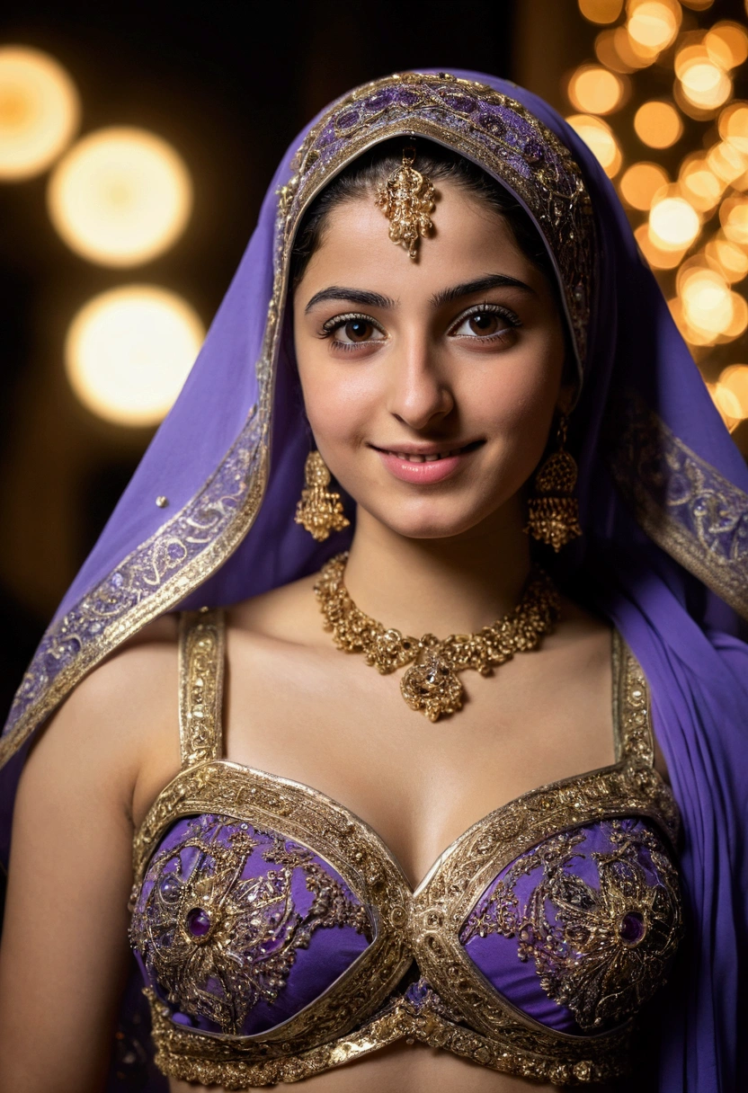 bellydancer, nsfw, ((lebanese)), ((hijabi)), masterpiece, best quality, 8k, 15yo, , raw photo, absurdres, award winning portrait, solo, night, neon, idol face, violaceaess, gardeniass, delicate girl, upper body, DSLR, looking at viewer, candid, sophisticated, youthful, smile, professional lighting, film grain, chromatic aberration, (detailed eyes and face:1.0), (bokeh:1.1)