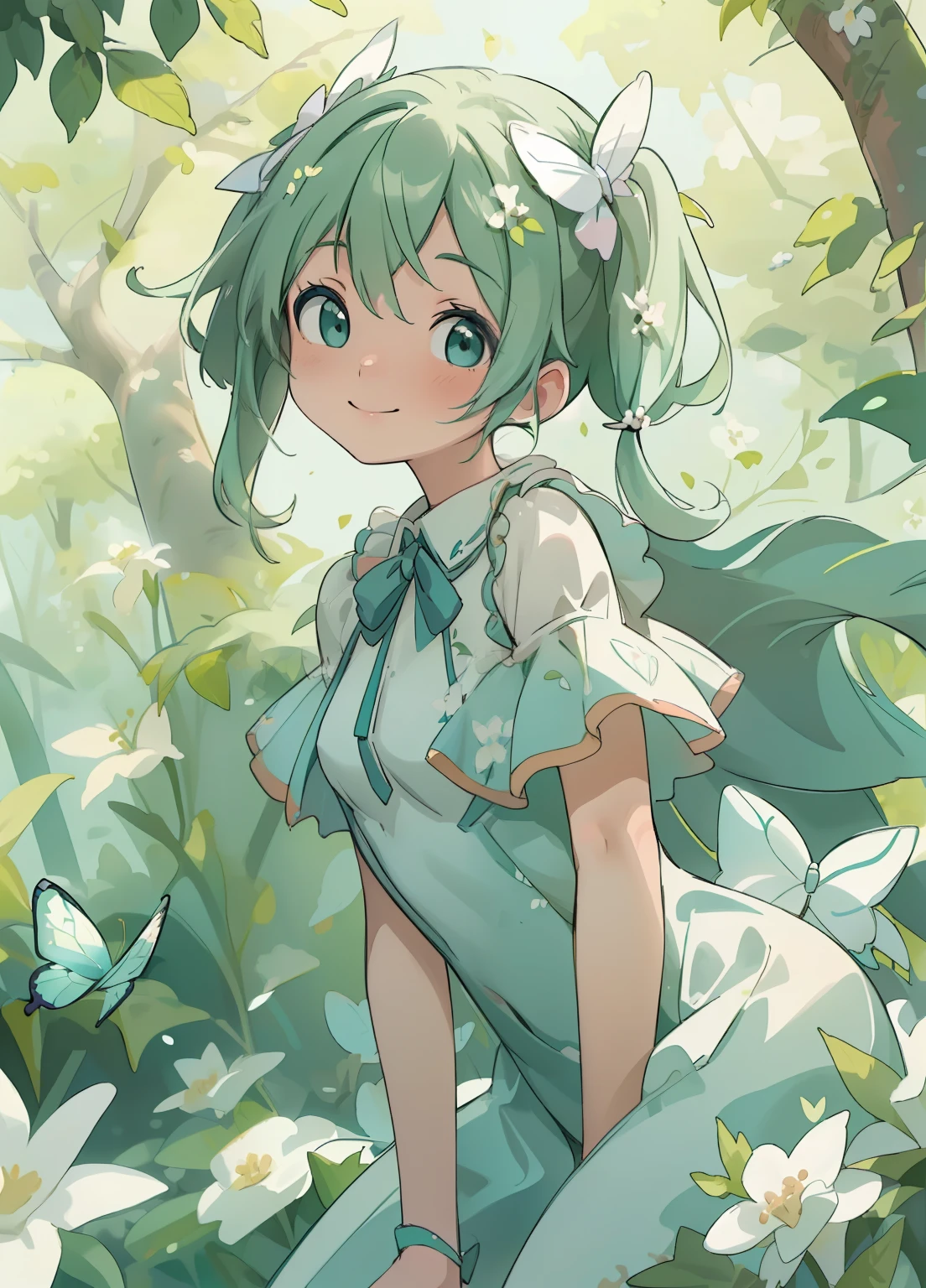 (masterpiece、Highest quality、Highest quality、Official Art、Beautiful and beautiful:1.2)、(One girl:1.3)Hatsune Miku、Twin tails,Beautiful breasts,(masterpiece、Highest quality、Highest quality、Beautiful and beautiful:1.2)、Excellent anatomy、(Watercolor 1.5)、Composition looking up from a low position、Long Shot、Drawing of a girl with straight short hair、Beautiful smile、Butterfly fairy costume、Pure white、Pure、charm、Looking into the camera、Flowers and leaves green wind、Botanical Art
