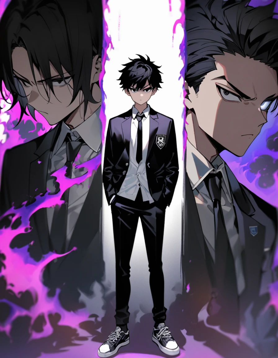 "A 20 year old Boy with black hair , white iris ,complete black eyes,dark purple energy coming from the right eye. Short black school unbuttoned blazer with school logo,white shirt,black tie with logo,black pants,and sneakers,dark aura , serious expression,hands in the pocket,black dragon aura,1:2 portrait"