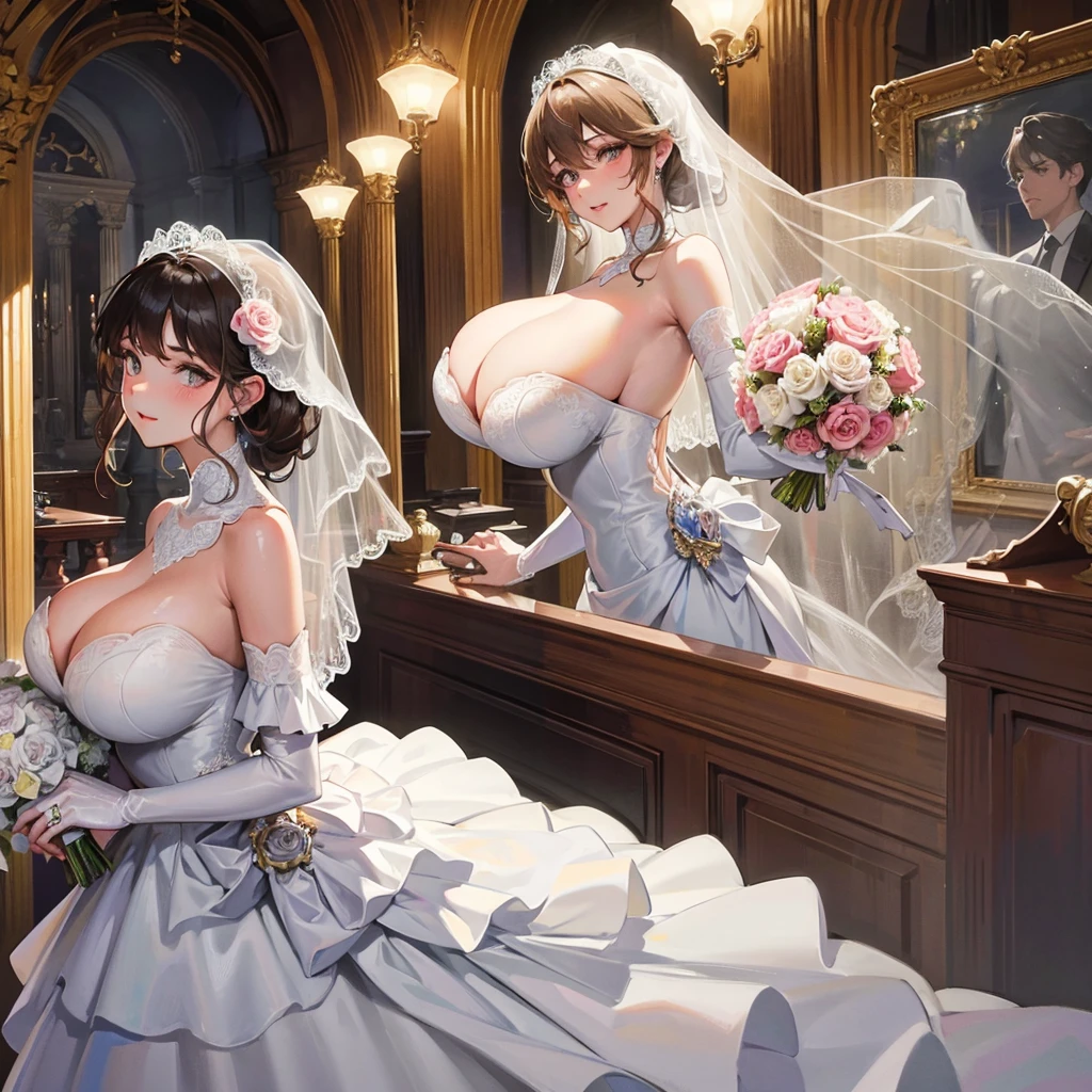 Girl with huge breasts wearing a wedding dress with a huge lace neckline and a wedding veil with a bouquet