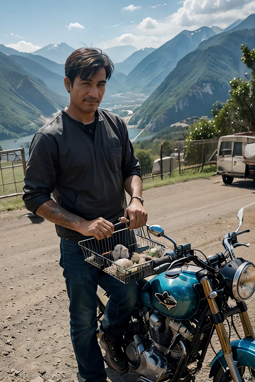 A man whose hobby is caring for birds goes to a cage-carrying bird competition on a motorbike with a view of the mountains