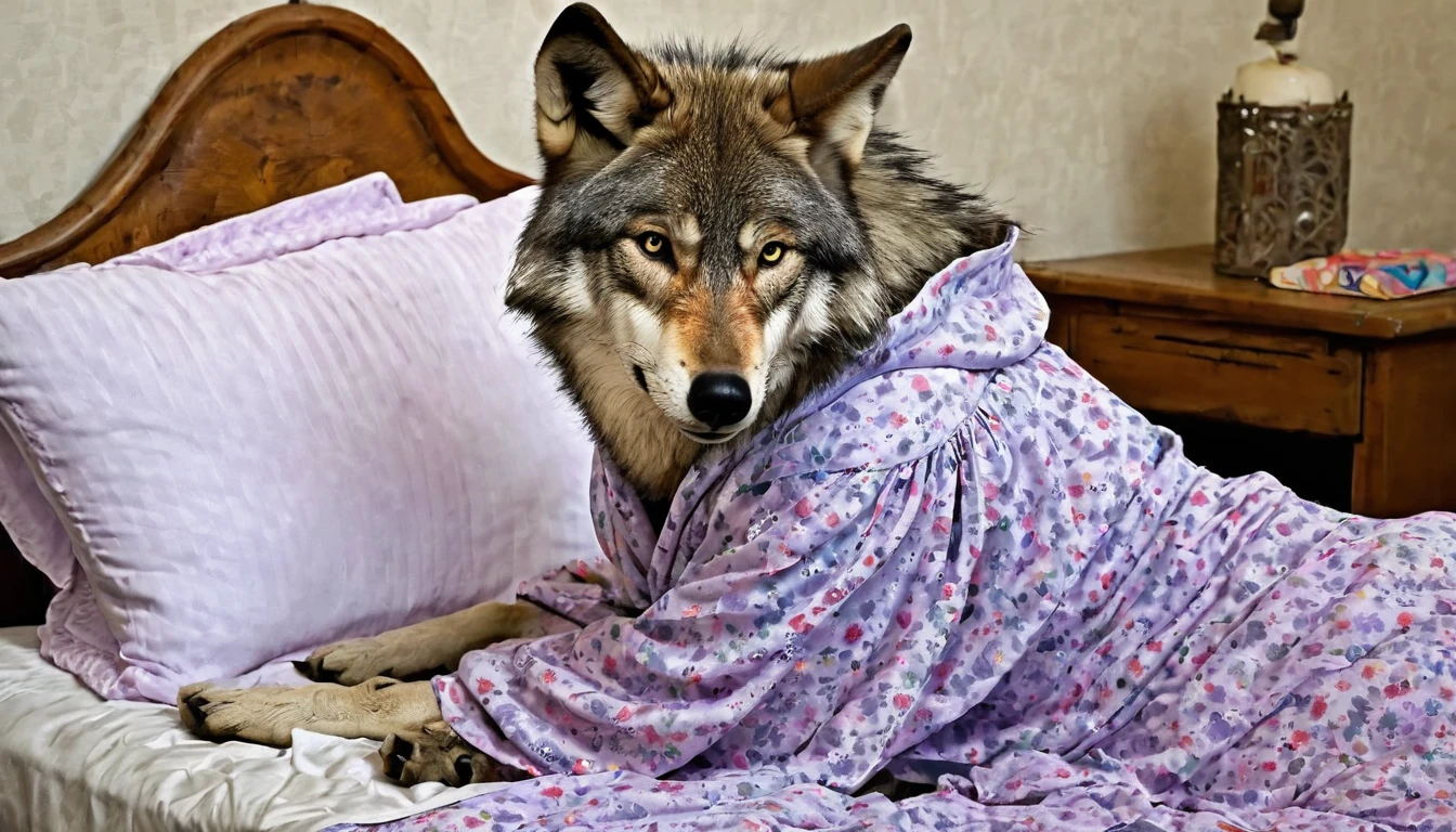 Funny image of A wolf in grandma's nightgown 