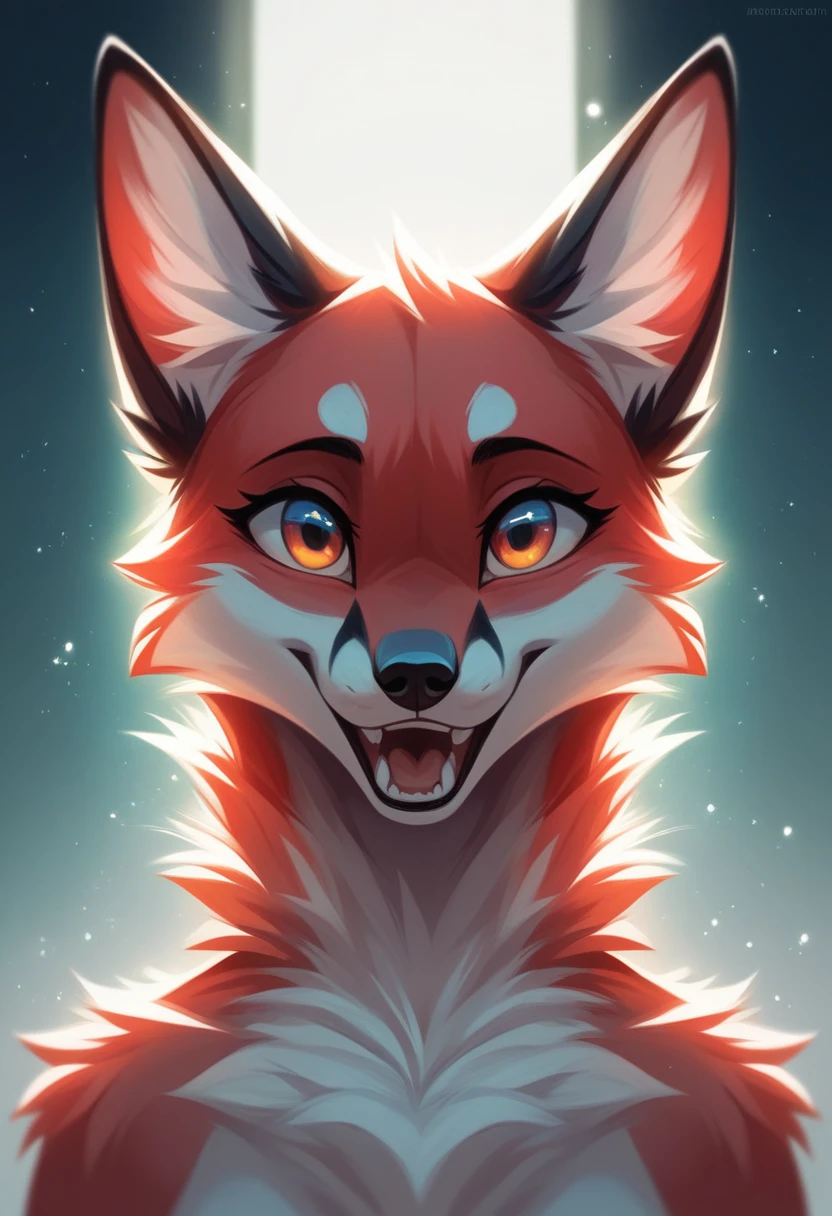 solo female, white fox, furry, happy, red fur, Black fur stripe, netral, Traumatized face, dynamic lighting, illustration, beautiful, particles (high quality,4k,8k,highres,masterpiece), ultra-detailed, impressionistic:colorful,