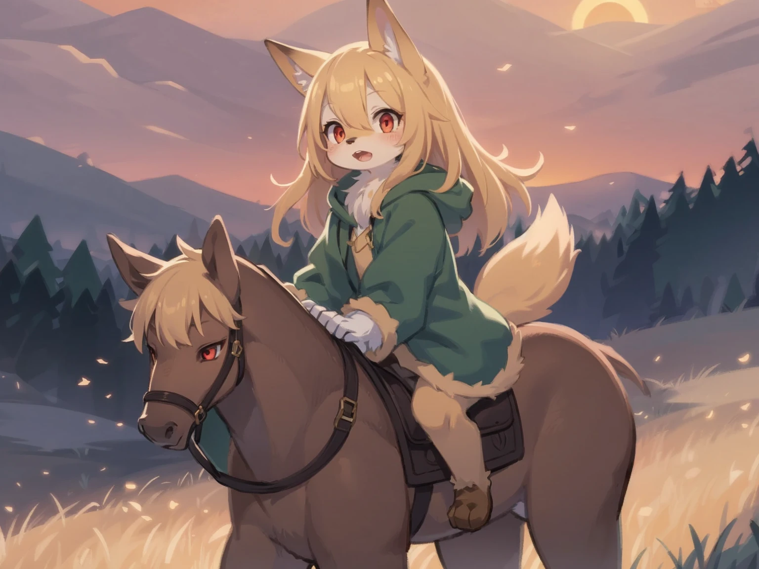 the fox, , was hairy, shaggy, skin fur, smooth lashes, golden fur, forelimb hands, straight long blonde hair, solid circle eyes, golden ears, golden fur, golden facial fur, shiny hair, red eyes, super cute face, 1fox tail, fluffy tail, furry tail, glowing eyes, green coat green hood down, brown trousers, riding horse, ride bareback , open mouth, embarrassed, brush, ambient light, ultra-fine fur, dashed eyes, full body, masterpiece, high quality, high-details, best quality, wide short, (((solo))), twilight, sun light, red sky, rim light