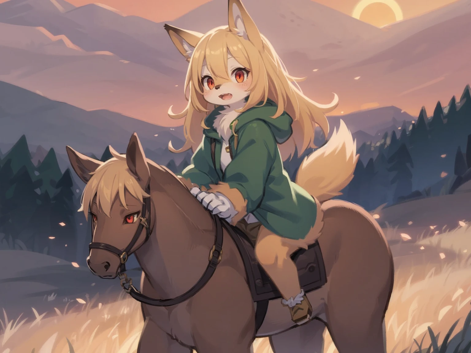  the fox, , was hairy, shaggy, skin fur, smooth lashes, golden fur, forelimb hands, straight long blonde hair, solid circle eyes, golden ears, golden fur, golden facial fur, shiny hair, red eyes, super cute face, 1fox tail, fluffy tail, furry tail, glowing eyes, green coat green hood down, brown trousers, riding horse, ride bareback , open mouth, embarrassed, brush, ambient light, ultra-fine fur, dashed eyes, full body, masterpiece, high quality, high-details, best quality, wide short, (((solo))), twilight, sun light, red sky, rim light