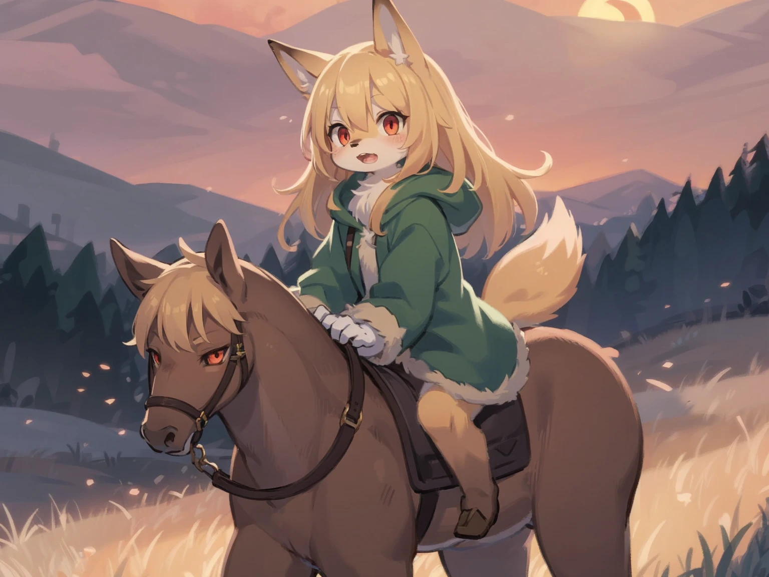 the fox, , was hairy, shaggy, skin fur, smooth lashes, golden fur, forelimb hands, straight long blonde hair, solid circle eyes, golden ears, golden fur, golden facial fur, shiny hair, red eyes, super cute face, 1fox tail, fluffy tail, furry tail, glowing eyes, green coat green hood down, brown trousers, riding horse, ride bareback , open mouth, embarrassed, brush, ambient light, ultra-fine fur, dashed eyes, full body, masterpiece, high quality, high-details, best quality, wide short, (((solo))), twilight, sun light, red sky, rim light
