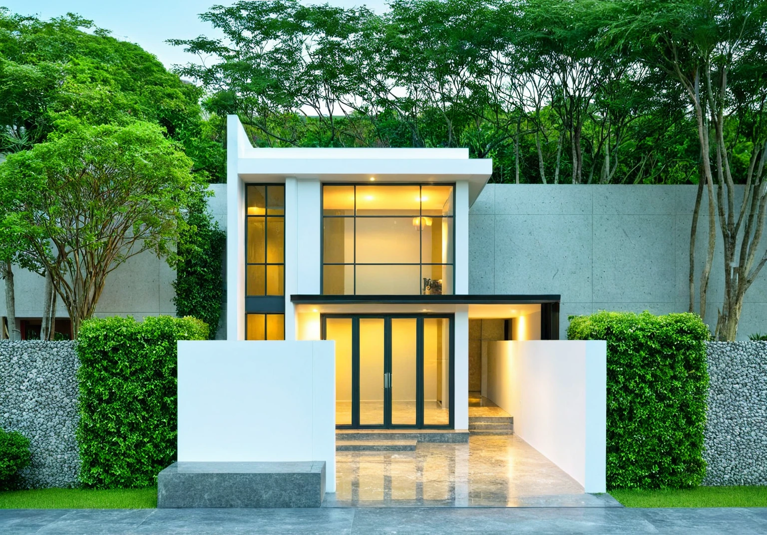 masterpiece, best quality, exterior design, (sunset), one-story modern house in Vietnamese village, marble, steel, modern light-colored granite facade and white walls, wooden ceiling , large glass, modern minimalist style, green shrubs and tropical plants background, large doors and windows.