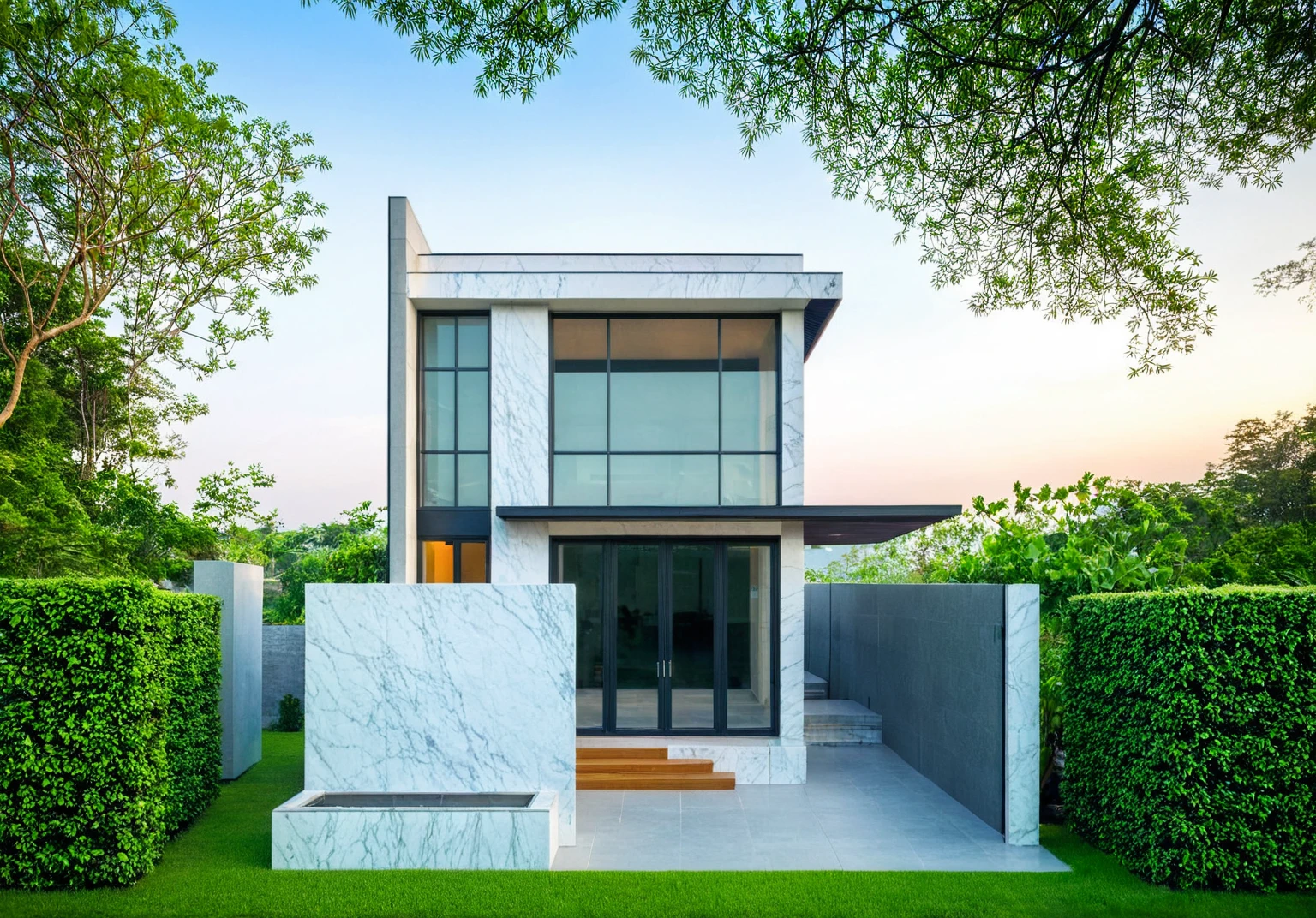 masterpiece, best quality, exterior design, (sunset), one-story modern house in Vietnamese village, marble, steel, modern light-colored granite facade and white walls, wooden ceiling , large glass, modern minimalist style, green shrubs and tropical plants background, large doors and windows.
