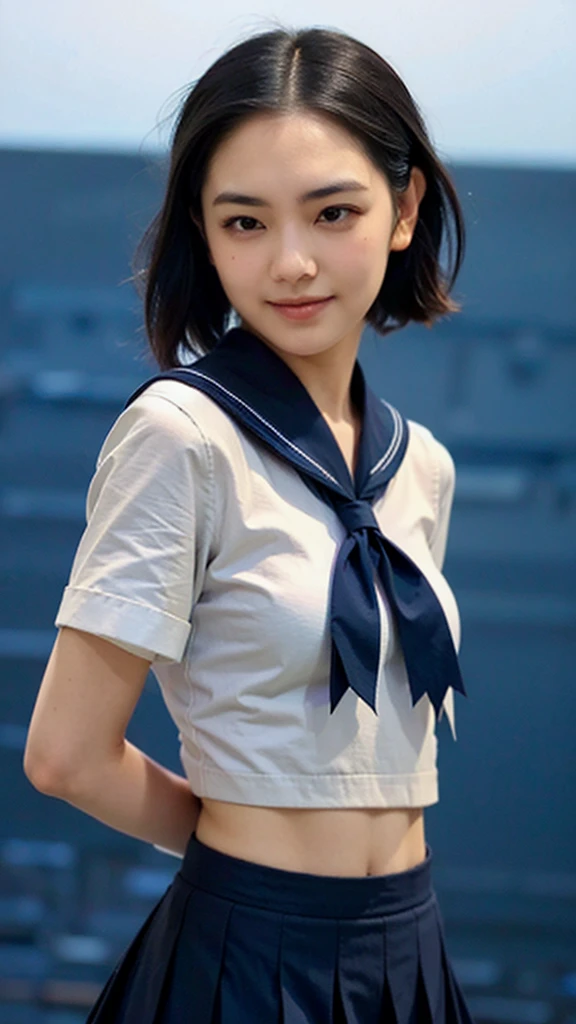 masterpiece:1.2, Very detailed, Ultra-high resolution, Realistic, photo Realistic:1.6, High-resolution RAW color photos, Professional photos, Sharp focus:1.2, Very detailed顔と肌の質感, Very beautiful eyes, Glossのある肌, Glowing Skin, Glowing Skin, Shining Face, Gloss, Oily skin, greasy face, Oily skin, greasy face,, real Glossのある肌 texture, Perfect Anatomy, Very detailed背景,(High school classroom at night),1 female,25-year-old woman, Japanese women,short hair, Straight hair, bangs, Brown Hair,((Flat Chest:1.6)), (White short-sleeved sailor suit),((Very sheer sailor suit:1.7)),((Viewer discretion advised 1.8)),Earrings、Smiling faintly