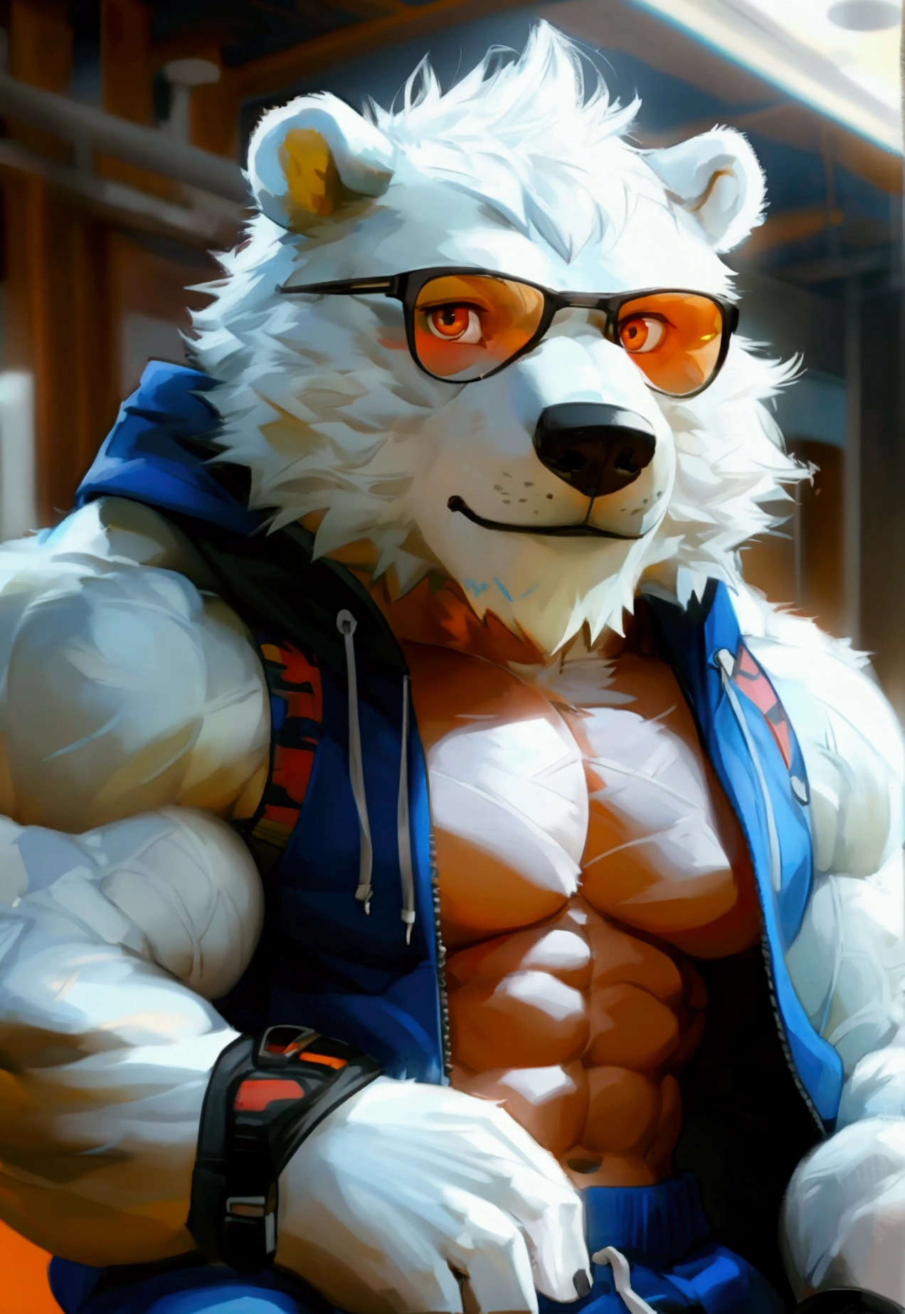 solo, 1boy, Huge Muscular White Polar Bear wearing glasses, huge white fur, pectoral, huge pectoral, wide pectoral, short white hair, blue colored short pants, blue colored wristbands and blue colored tank top, white bearded, white Mustache, white fur, black eyebrows, gym fitness center background, masterpiece, high detailed, detailed eyes, 8k, high resolution, at the gym, flexes huge thorax, looking at the viewer, acting all hunk