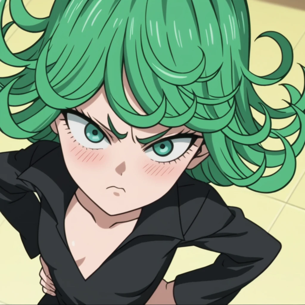 score_8, score_7_up, score_6_up, source_anime, anime screencap, 1girl, lluminartis, tatsumaki, green hair, curly hair, short hair, green eyes, bangs, small breasts, flipped hair,  close-up of face, from above, pouting, blush, standing, hands on hips,