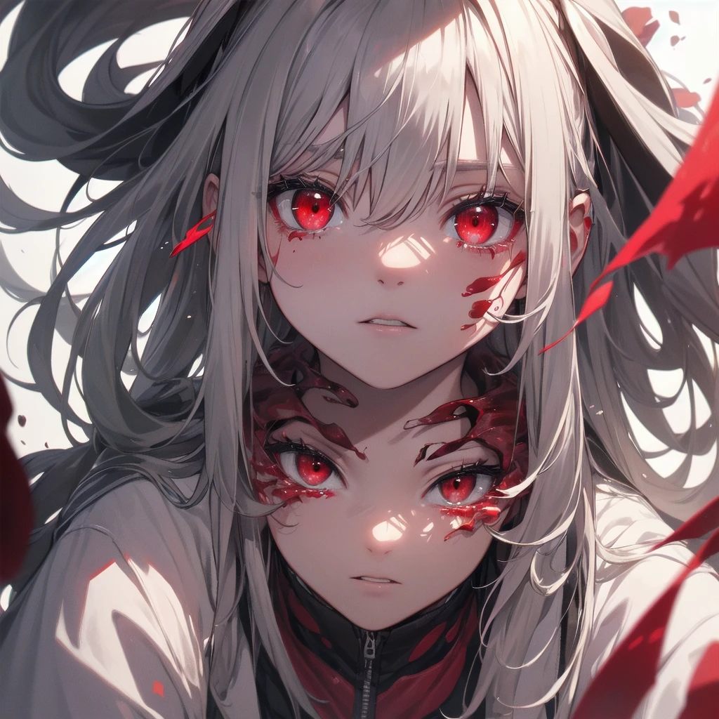 A once-in-a-millennium masterpiece, A photo that can never be taken again, Absurd high resolution, (Expressionless), (Red tears flow from the eyes:1.2), vampire, woman, Silver Hair, Red eyes, Big eyes that draw you in, White clothes, Red dyed clothes,There are red spots all over, Red from the mouth