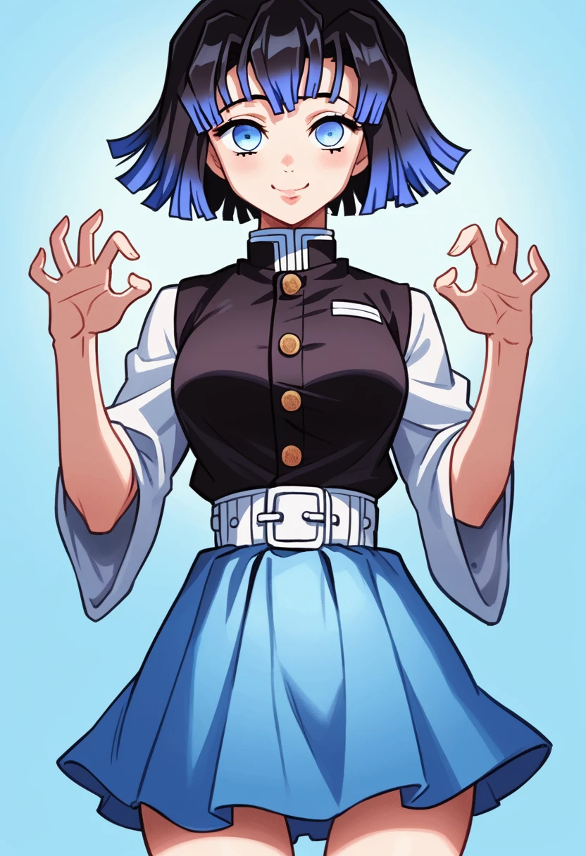 Draw a character in animated art style, with a vibrant and expressive appearance. The character must have exaggerated characteristics, like big, expressive eyes, a subtle and fun smile, and a straight posture. do not distract from the main figure. The character must be from the Kimetsu no Yaiba universe/Demon Slayer, frontal angle, animated cartoon, beautiful drawing. A female character, light blue gradient black hair, blue colored eyes, wearing a pretty dark colored skirt, haori azul, Pose Hands on the waist, short layered hair, simple background.