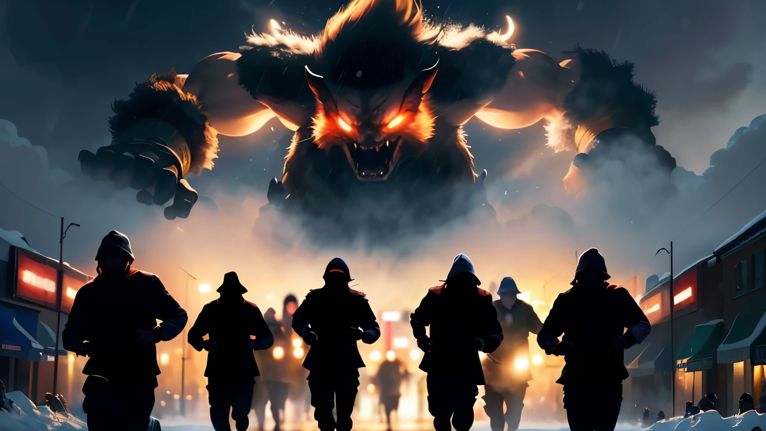 ((best quality)), ((masterpiece)), (detailed), A crowd of silhouette of people running in fear through a snowstorm at night while giant silhouette two red devil eyes towering over sky in the background
