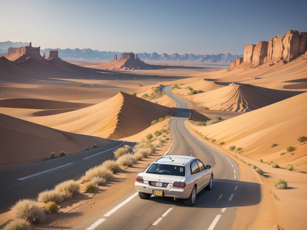 (desert  :1.2),road ,(รถวิ่งบนroad:1.2)  landscape:1.5 ,(Many cars:1.2) ,