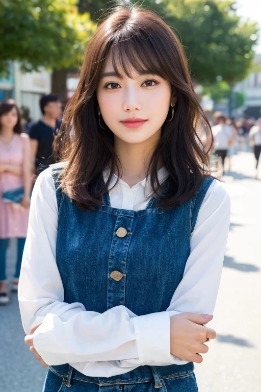 woman, , short black wavy hair、bangs、plump nipples、(white turtle shirt)、(checked mini skirt), white knee highs、medium milk, cute smile、Shyness、((Pose that emphasizes the v-zone))、sexy hips、black high heels、big necklace、((((the wind blew my skirt, expose my panties...))))、(pink lace panties)、cute earrings、(Please tilt your head slightly)