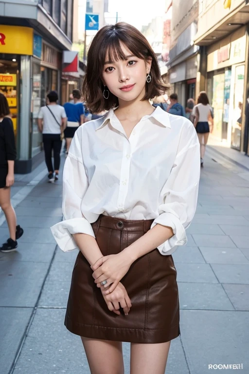 (8K, RAW Photos, Highest quality, masterpiece: 1.2), Super detailed, Super Resolution, (Genuine, Genuine photos: 1.37), Portraiture, High-resolution RAW color photos, Professional photos, とても細かくて美Shii, Very detailed, 8K 壁紙, Amazing details, Large file size, Official Art, Very detailed CG Unity 8K 壁紙, Very detailed beautiful girls, Very detailed facesHighly detailed eyes, Very detailed skin, Very detailed fingers, Very detailed nose, Very detailed mouth, Perfect Anatomy, Very detailed background, Very detailed clothing, One Girl, (18:1.2), Teen, cute girl, Famous Japanese Idols, cute, Genuineistic body, , White skin, Glowing Skin, The body is slim, Handsome body, Brown Hair, Short Curly Hair, (Blunt bangs: 1) , smile, cute, like々Shii, かわいらShii顔, Genuineistic face, Delicate eyes, Sagging eyes, White shirt, skirt, Earrings, looking at the camera, Cowboy Shot, Positive, Are standing, traitor, Main Street, Dynamic Lighting,