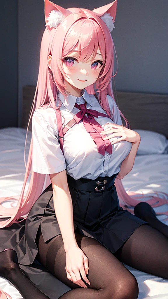 Center of chest,pretty girl,smile,Cat ear,Beautiful silver hair,Pink inside,Beautiful pink eyes,Oversized shirt、skirt、black tights