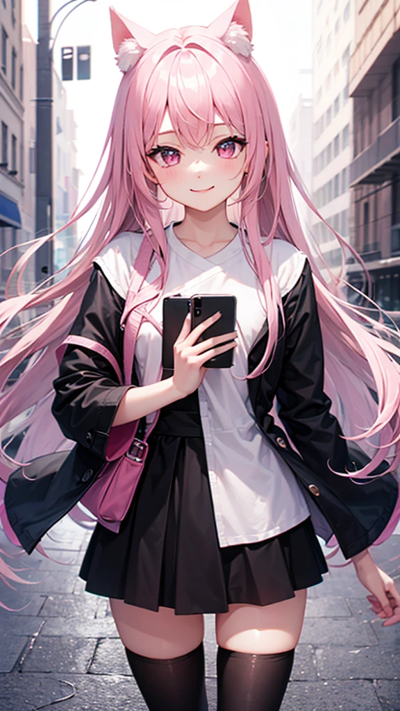Center of chest,pretty girl,smile,Cat ear,Beautiful silver hair,Pink inside,Beautiful pink eyes,Oversized shirt、skirt、black tights