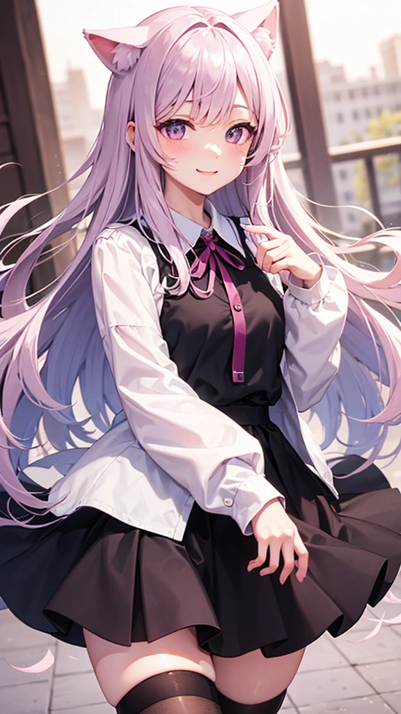 Center of chest,pretty girl,smile,Cat ear,Beautiful silver hair,Pink inside,Beautiful pink eyes,Oversized shirt、skirt、black tights