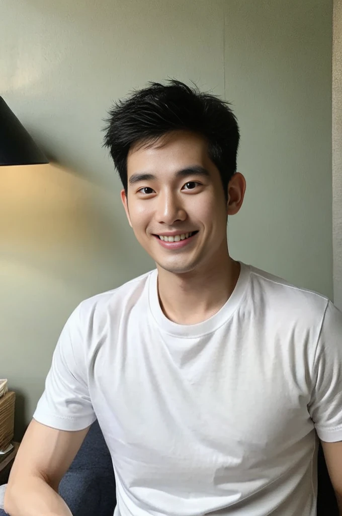 Korean man, Inspiration from Peng Yuyan, 30 years old, 236 years old, Cute Korean Face, 35 yo, 33 year old Korean muscular man,The bedroom is at the back. white t-shirt, open mouth smile