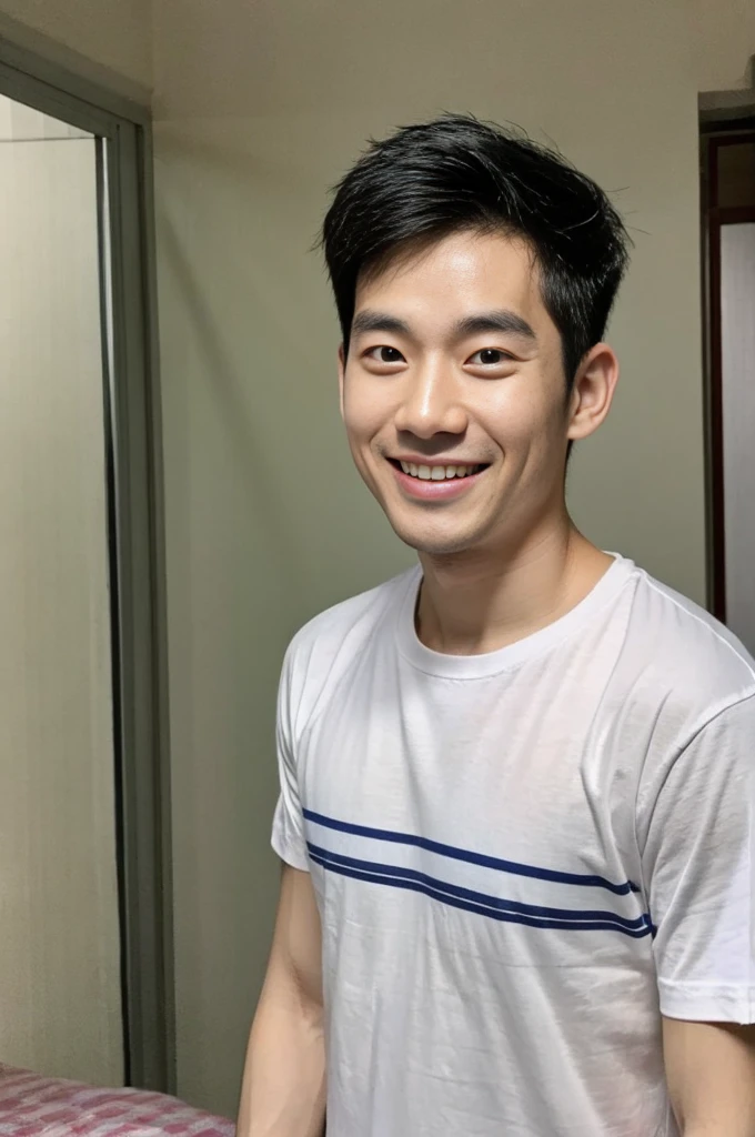 Korean man, Inspiration from Peng Yuyan, 30 years old, 236 years old, Cute Korean Face, 35 yo, 33 year old Korean muscular man,The bedroom is at the back. white t-shirt, open mouth smile