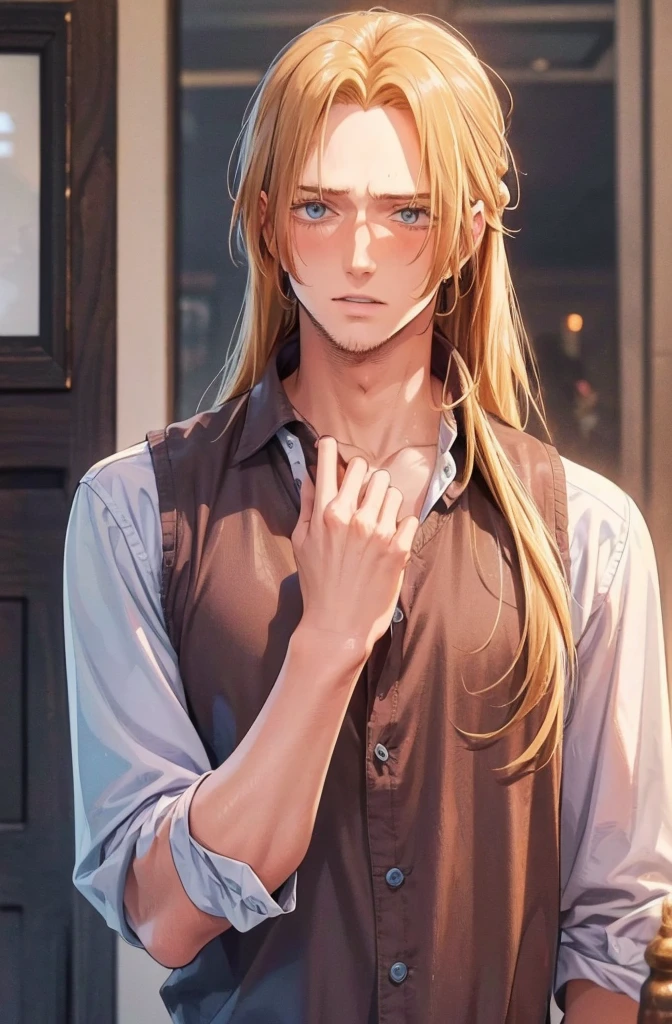 (masterpiece, absurdres, highres, ultra detailed), 1man, wavy blonde hair, adult, blue eyes, ponytail, male focus,handsome face, casual clothes, charming, lovely, detailed eyes and face,