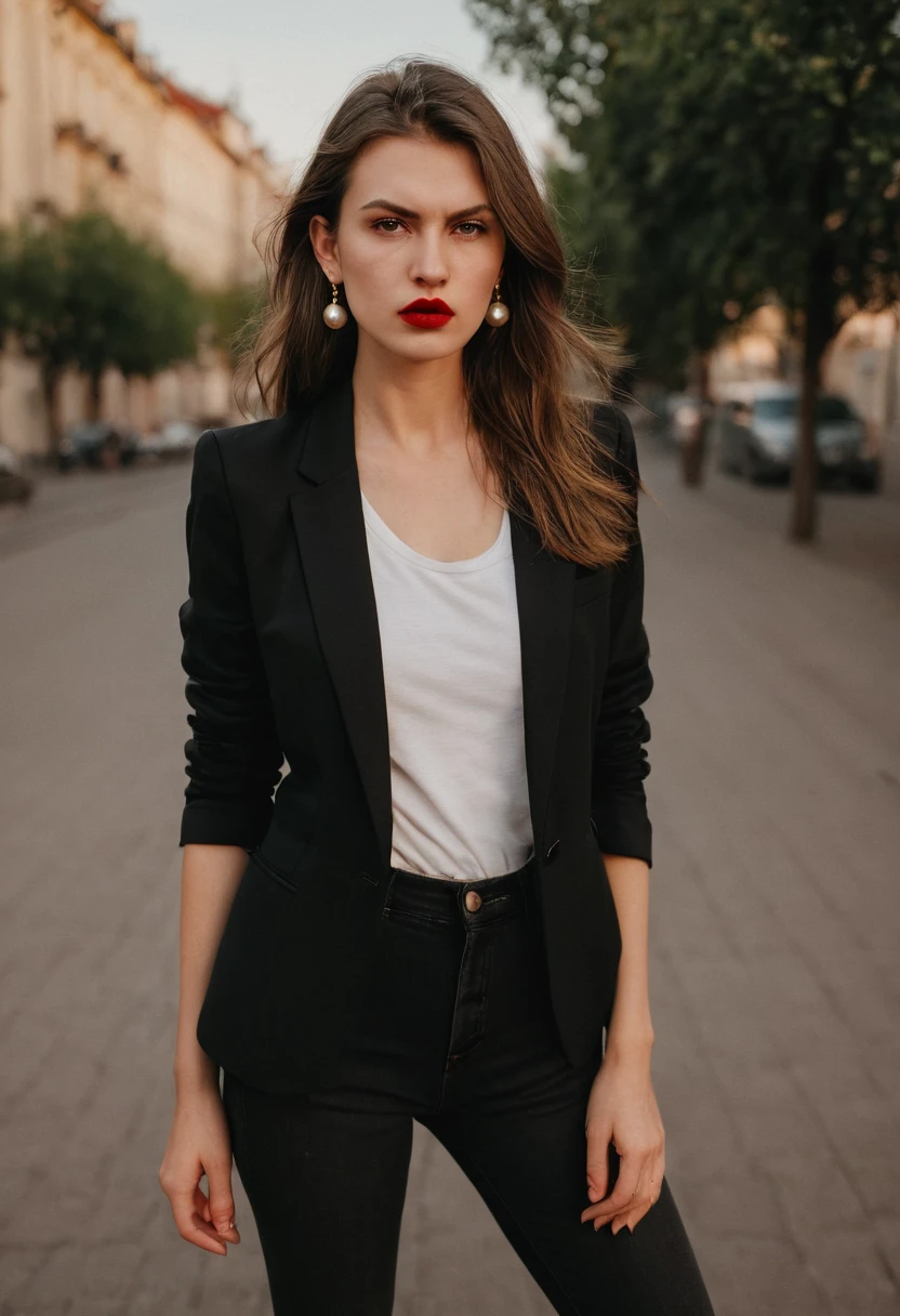 color digital photograph of Lucie Prochazka a woman from czech republic wearing (a black blazer), (a white t-shirt), (black skinny jeans), (black ankle boots), (pearl earrings), (red lipstick), and Slingbacks shoes shot on Nikon Z9 by Denis Karasev, 26 years old, tiny figure, promoting body positivity, small breasts, feeling (feeling Hate, Intense, Hostile, Aversion, Anger, Resentment, Disgust, Animosity, Hostility, Loathing, Malice, face: Scowl, Frown, Glare, Narrowed Eyes, Sneer, Lip Curl, Tense Jaw, Raised Eyebrows, Cold Stare, Contempt), at golden hour,full body, masterpiece, natural lighting, (outdoor setting:1.2), warm tones, side lighting, natural skin details, 4k, UHD, masterpiece, detailed eyes, detailed face, detailed skin, perfect hands, perfect feets, photo, high skin detail, moles, imperfect skin, ultra realism, RAW photo, subsurface scattering