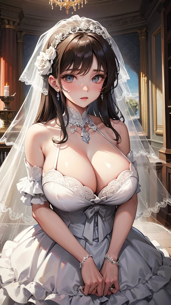 Girl with huge breasts wearing a wedding dress with a huge lace neckline and a wedding veil with a bouquet