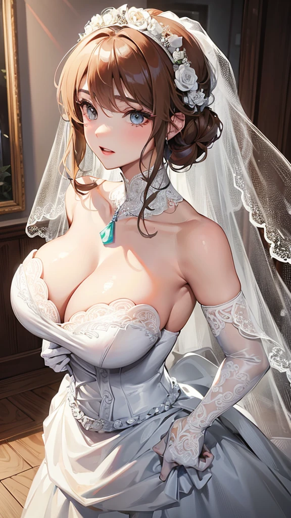 Girl with huge breasts wearing a wedding dress with a huge lace neckline and a wedding veil with a bouquet