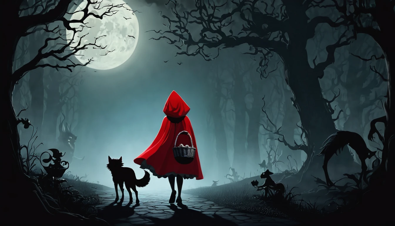 Cartoon of Little Red Riding Hood with a spooky background and shadowy figures