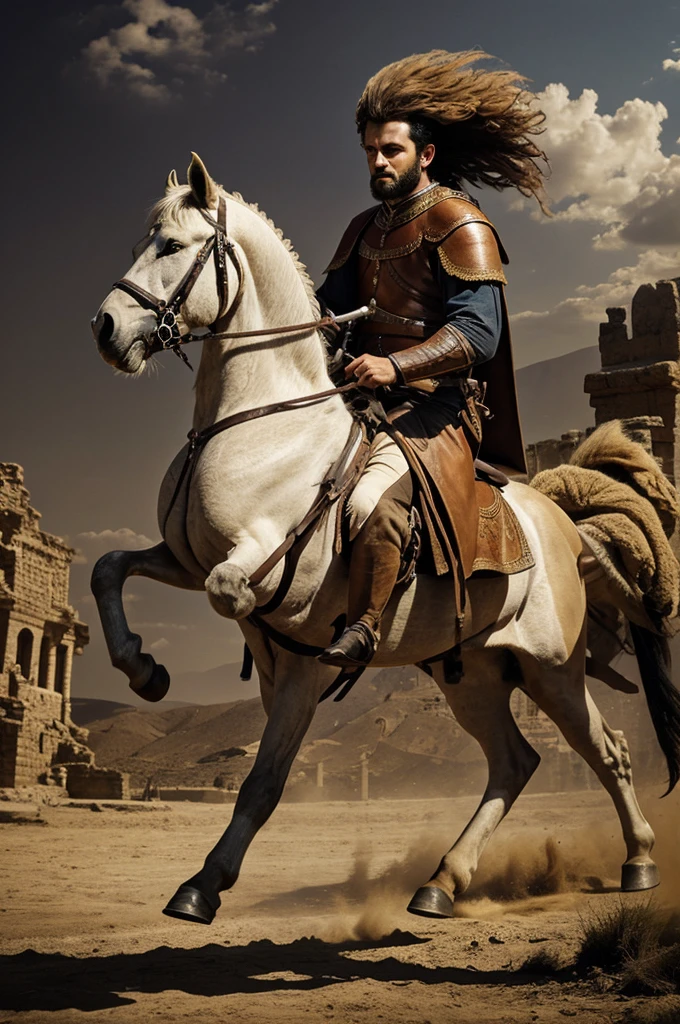 text with your camera
A man riding a horse and holding a sword and lion
