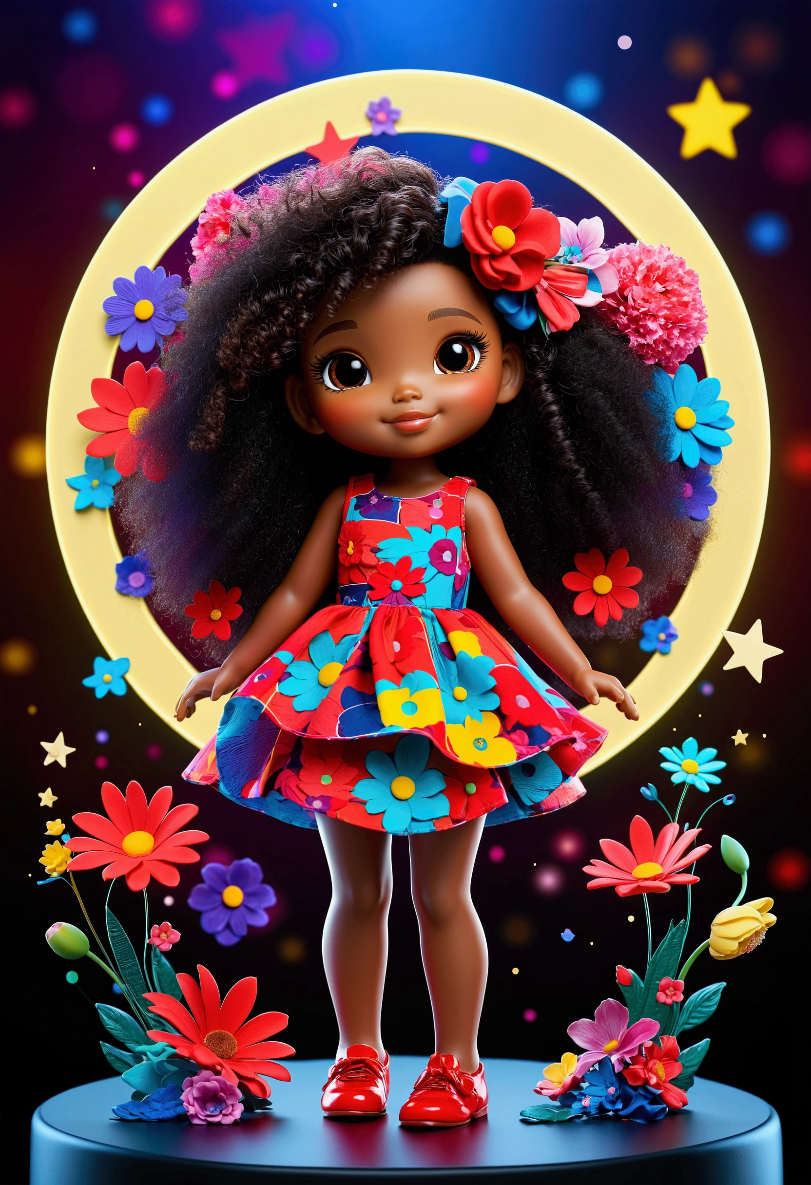 Extremely detailed,(Fractal Art:1.1),(Colorful:1.1)(Flowers:1.3)、 (Dynamic Pose), (Abstract background:1.3)、(Many colors:1.4)、Place one small doll on a circular stand、kawaii pose、A smile、A dark-haired、curly afro hair, brown skin, Chibi Doll、Stars in the eyes(kirakira, Eye Up、Laugh、Cute red shoes、Ultra Detail, radiant light、bio luminescent、Stronger bokeh effect、Taken from the side