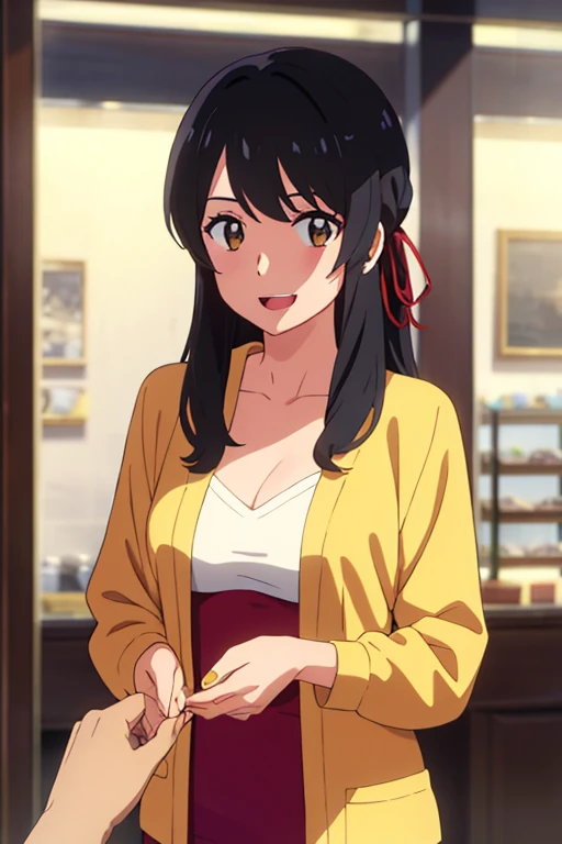 shinkai makoto, kimi no na wa., 1girl, bangs, black hair, brown eyes, open mouth :D, Twisted Half Up, red ribbon, long hair, long sleeve light yellow cardigan, open shirt, yellow shirt, cleavage, breast, medium breast, Orange shirt, name tag written "LUMINE Miyamizu", looking at the viewer, indoors, jewelry products, jewelry shop, jewelry saleswoman, indoors, mall, masterpiece, perfect anatomy, cowboyshot, POV (POV boy's hands holding girl's chest POV)