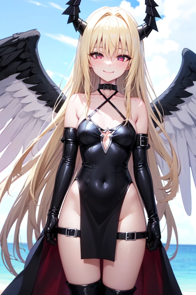(masterpiece:1.6, best quality), (finely detailed beautiful eyes: 1.2), phyami, yamidarkness, 1girl, solo, blonde hair, wings, long hair, horns, red eyes, black wings, bare shoulders, hair intakes, collarbone, choker, demon horns, halterneck, feathered wings, collar, anime coloring, hair between eyes, criss-cross halter, black dress, demon girl, bangs, very long hair, light smile,
laugh at,too evil smile,too evil smirk,looking down at viewer,upper body,smile bad,deep shaded face,evil fall,latex elbow gloves,latex thighhigh boots,